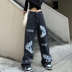 Calças de brim largas dos homens do vintage americano personalidade streetwear cobra cabeça carta imprimir lavado calças de brim pretas calças compridas