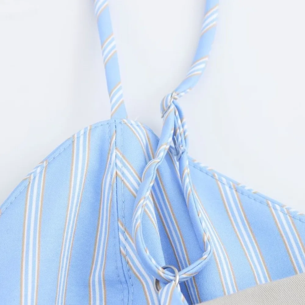 Striped Sleeveless Dress Patchwork Wide Pleated Blue Color Suspenders Short Skirt Casual Loose College Style Pleated Skirt