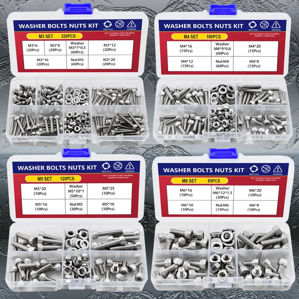 M2 M3 M4 M5 M6 Hexagon Socket Cap Screw DIN912 304 Stainless Steel Head Bicycle Hex Bolts and Nuts and Washers Assortment Kit