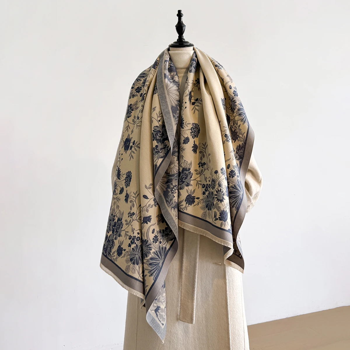 Brand Fashion Women's Winter Warm Cashmere Shawl - Flower Printed Tasseled Pashmina Thick Scarf, Wrap & Poncho