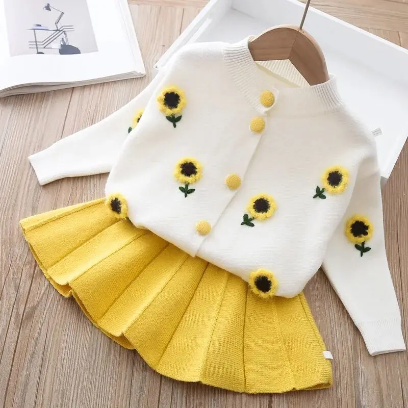 Autumn and Winter Children's Long sleeved Knitted Pants Warm Girls' Sweater Cardigan Knitted Top+Half Skirt Two Piece Set