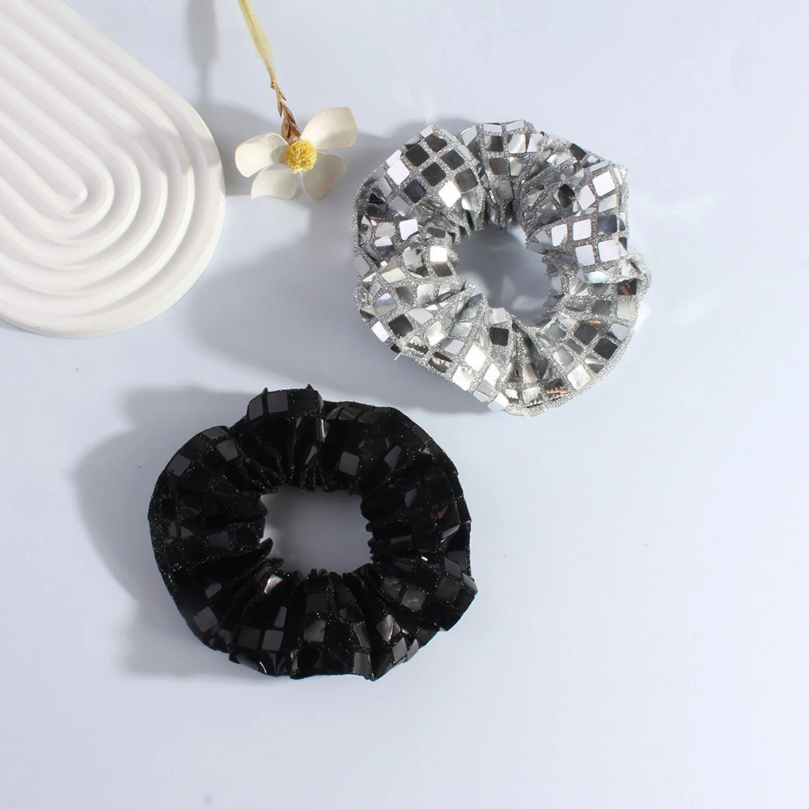 1PC Sparkling Mirror Tile Hair Scrunchies , Elastic and Glamorous Hair Ties for Women - Perfect for Party and Special Occasions