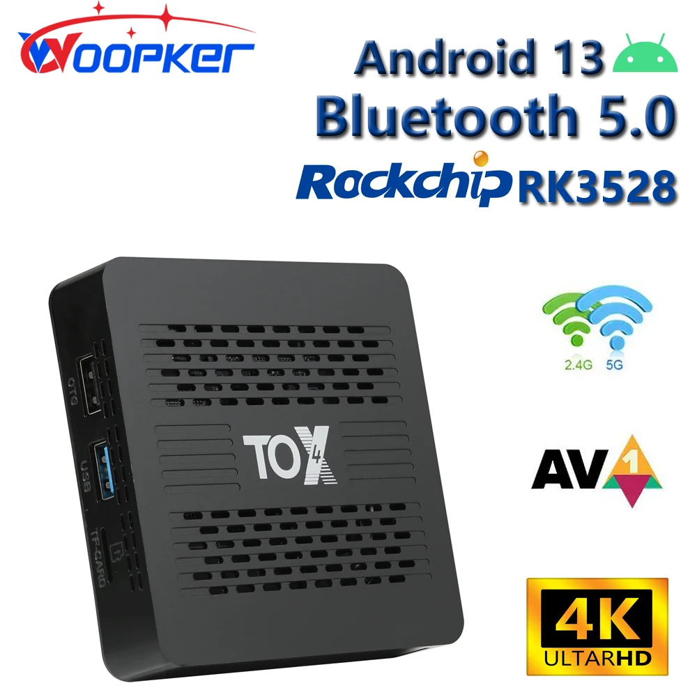 

Woopker TOX4 TV box Android 13 RK3528 Wifi BT5.0 AV1 4K HD Media Player Set 2.4G 5.8G Dual Wifi Top Box 1000M LAN 4G 32G