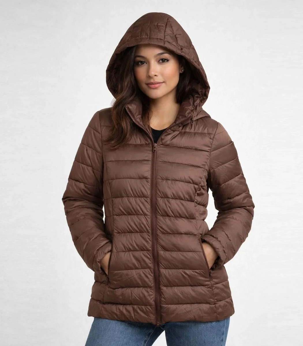 Jaqueta Puffer Feminina Com Capuz Sea Surf Marrom