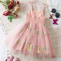 Summer New Baby Girl Dress Sweet Suspender Tulle Causal Princess Dress Flower Embroidery Bow Birthday Party Dress 1-5 Years 2