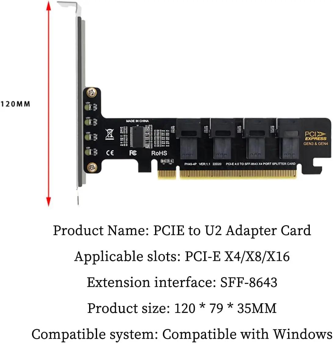 Carte Adaptateur Pcie X16 Vers 4 Ports U.2, Pcie X16 Vers U.2 Nvme Sff