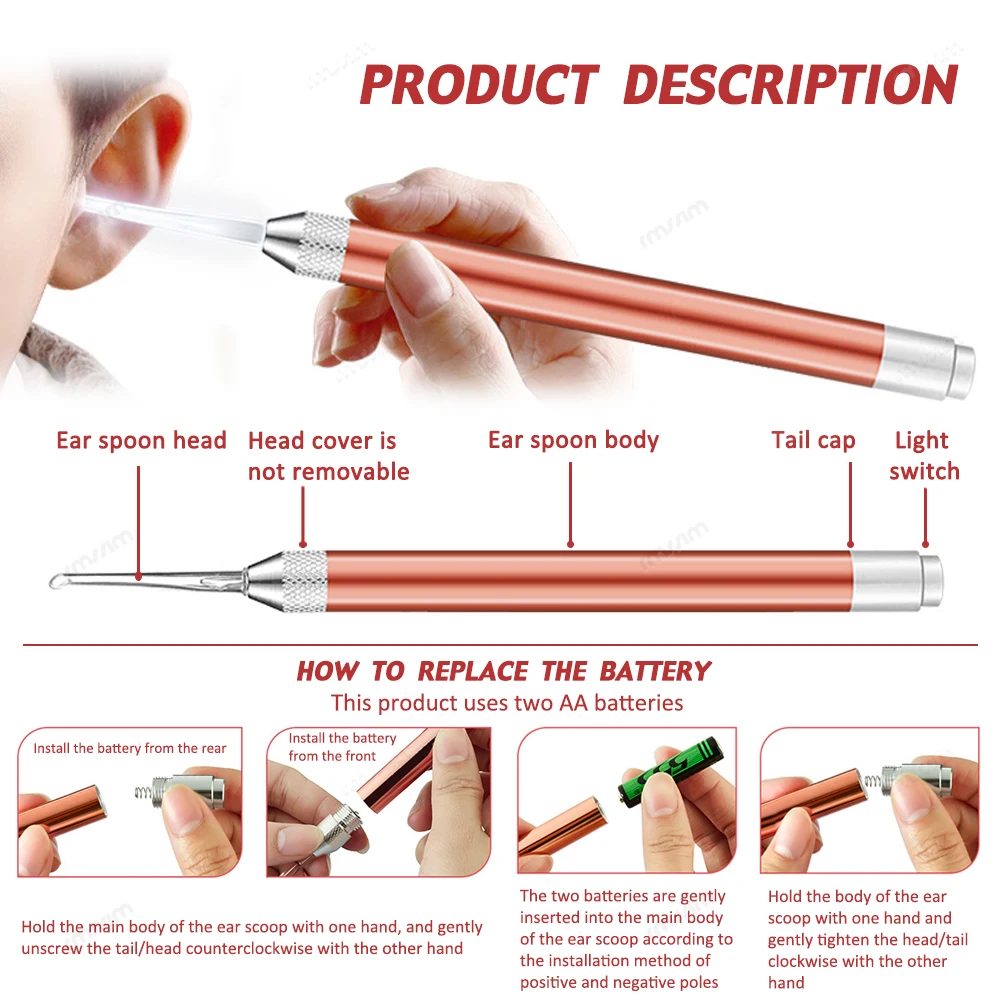 Cure-oreille pour bébé, avec Flash LED, Curette, Curette, cure-oreille, visuel, pour enfants, pince originale