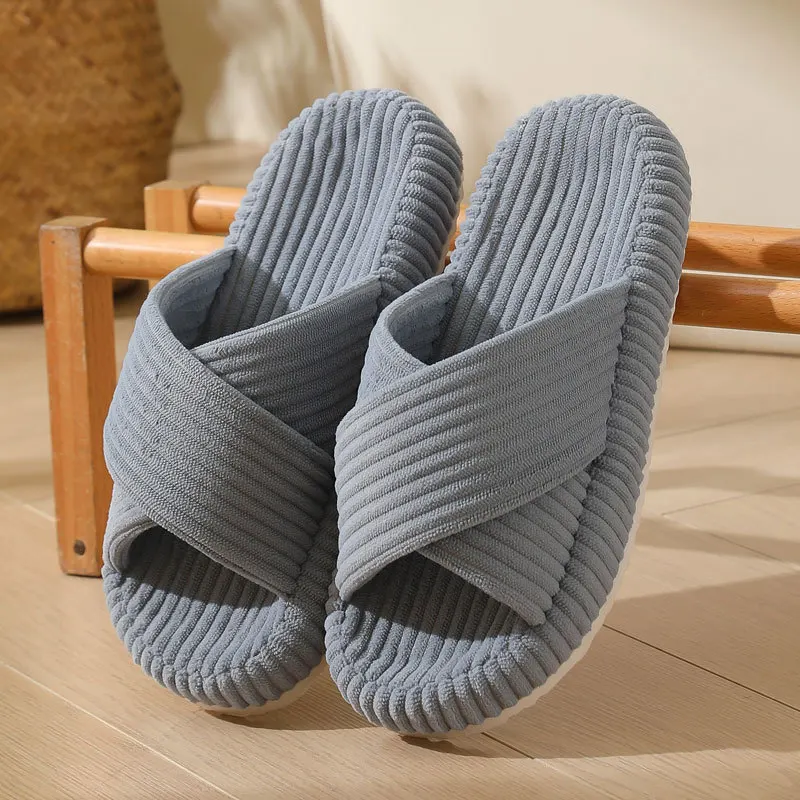 Einfarbig Gestreifte Cord Hausschuhe für Frauen Mode Cross Strap Innen Rutschen Frau Dicke Sohle Unisex Schlafzimmer Hausschuhe – Detail 18
