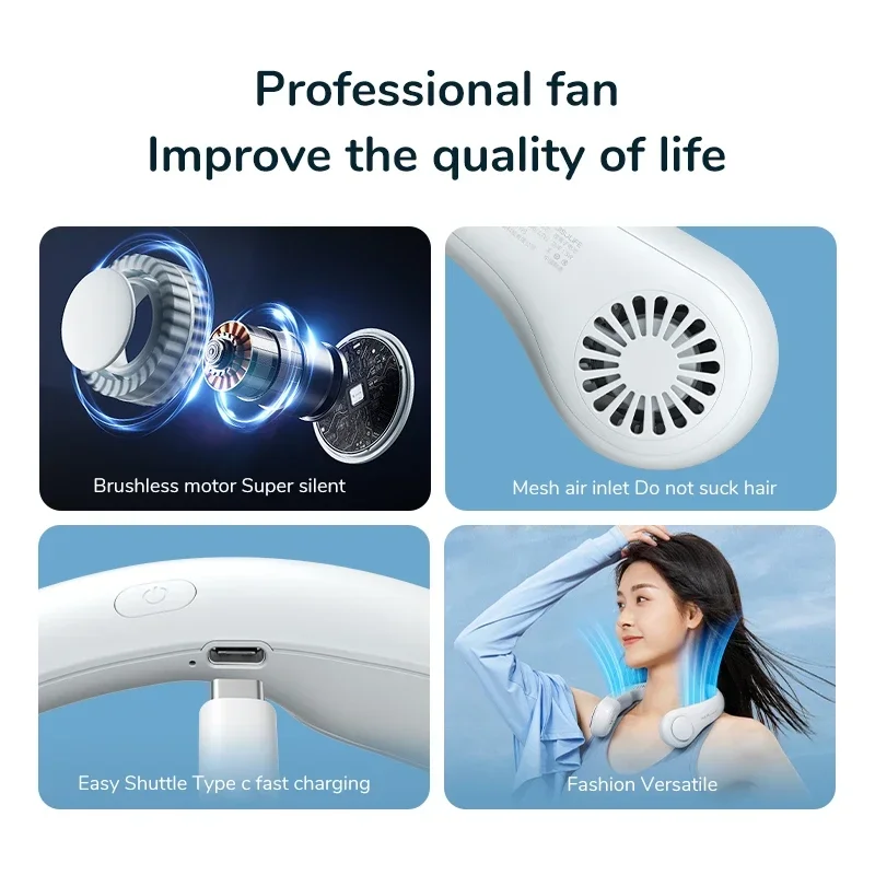 2024 1200mAh New Mini Neck Mounted Fan Portable Bladeless Neck Rechargeable Air Cooler 3 Speed ​​Mini Summer Sports Fan Outdoor 4