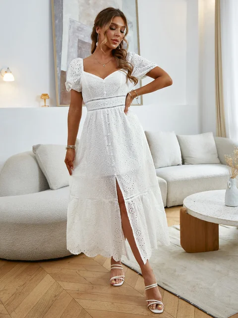 Elegant White dress women Summer split – Elleher
