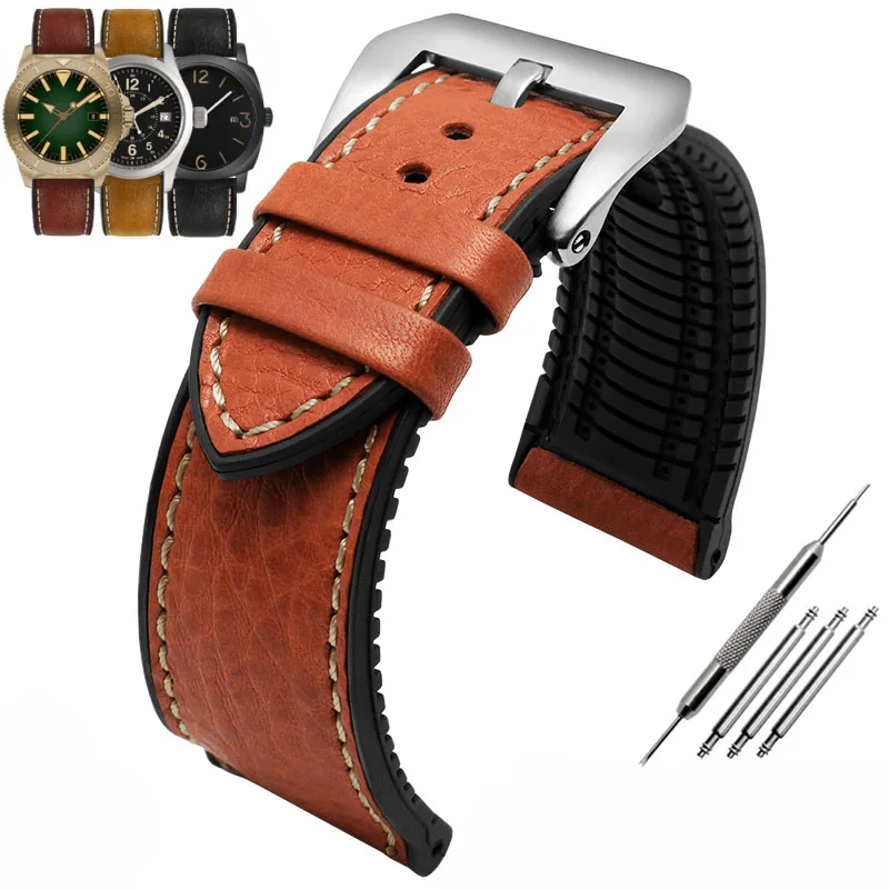 thumbnail image 1 of Correa de reloj de piel italiana + base de silicona de 20 mm, 22 mm y 24 mm para Omega Breitling Avenger, correa de caucho resistente al agua para hombre, 1 of 5