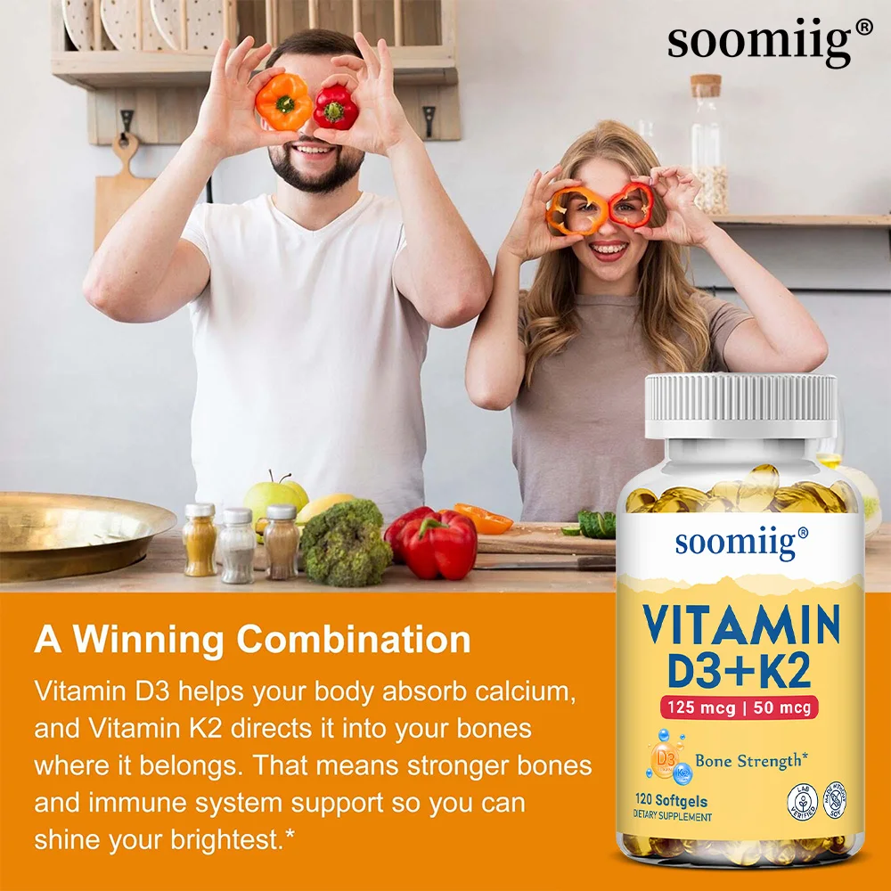 Vitamin D3+K2 Capsules 5000IU 120pcs Bone & Immune Support Vegan Supplement for Bone Precision and Overall Health