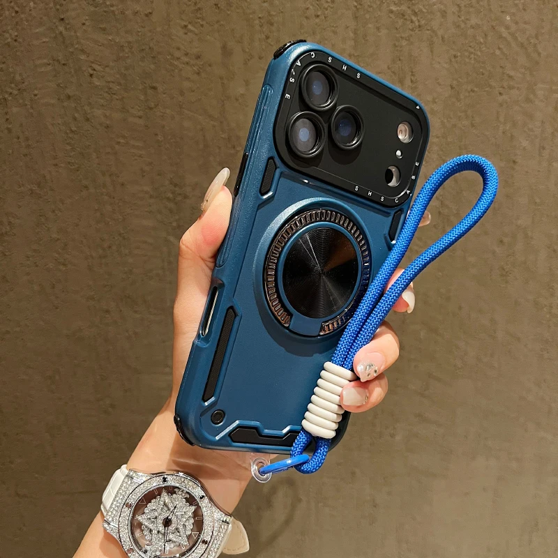 Armored Phone Case with 360° Rotating Metal Bracket and Lanyard - Soft TPU & Hard PC 3-in-1 Design