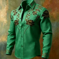 Chemise homme de luxe à manches longues avec broderie lotus en fil doré, texture satinée, col à revers, chemise décontractée et formelle 4