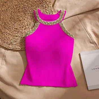 2026 Summer Sleeveless Knitted Vest Shirt Slim Halter Neck Beaded Tops Slim Sexy Bright Silk Women Camisole 1