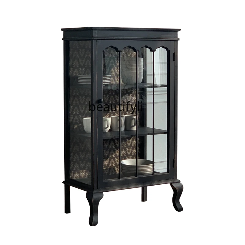 

yj Country Style Black Wooden Glass Dining Room/Living Room Hallway Display Locker Sideboard Cabinet