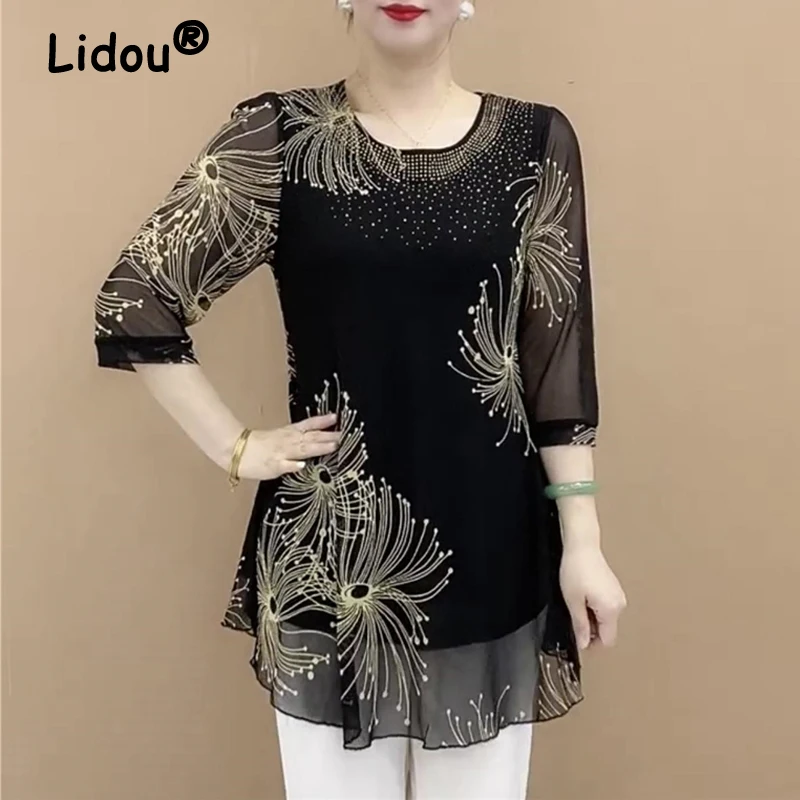 Women Korean Fashion Print Rhinestone Elegant Blouse Summer Ladies Sexy Sheer 3/4 Sleeve Shirts Irregular Loose Tunic Tops Blusa