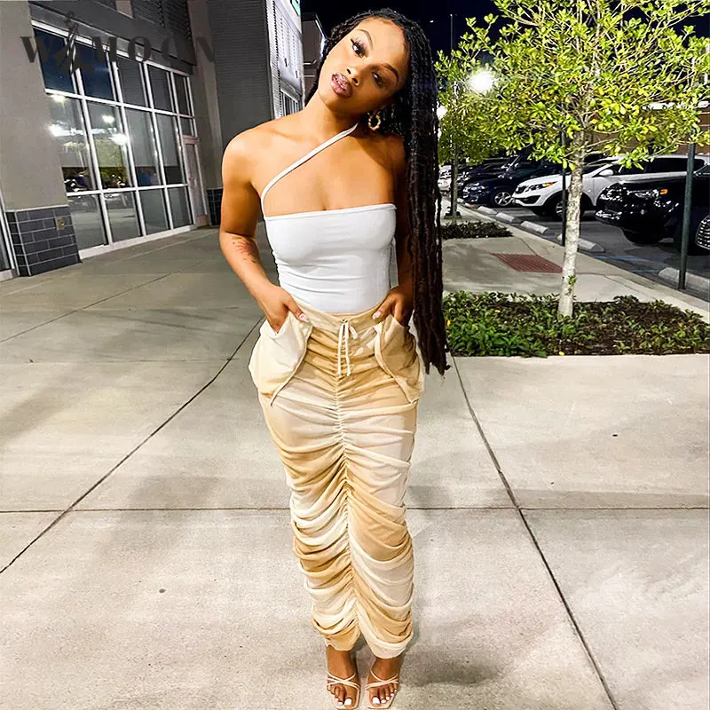 

Y2k Mesh Solid Color Sexy Drawstring Pleated Pocket Slim Long Skirt 2023 Summer New Women Streetwear Casual See Through Outfits
