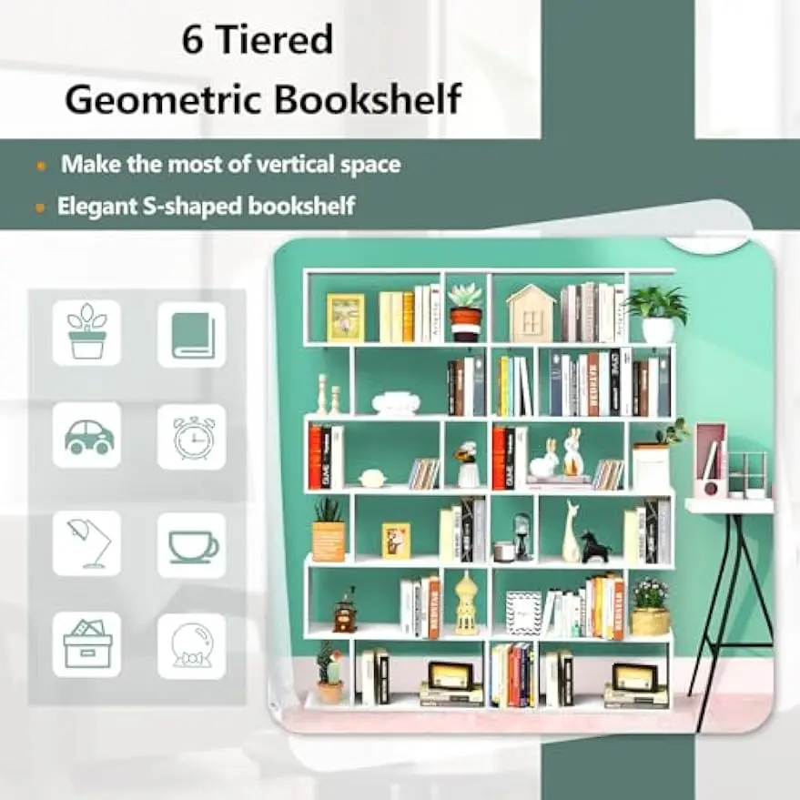 6 Tier Geometric Bookcase, S Shaped Bookshelf, Book Shelf Room Divider, Wood Freestanding Display Shelves, 75 Inch Staggered