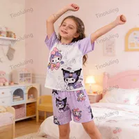 Pyjamas d'été pour filles de 3 à 12 ans, ensembles de pyjamas pour enfants, hauts + pantalons courts, vêtements de nuit Hello Kitty Cat Kuromi 4