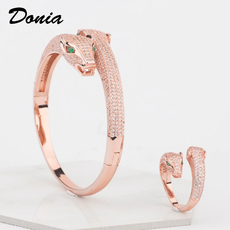 

Donia jewelry Two Green Eyed Leopard Animal Bracelet Ring Set Decoration Ladies Party Gift Men's Bracelet Ring Accessories Set