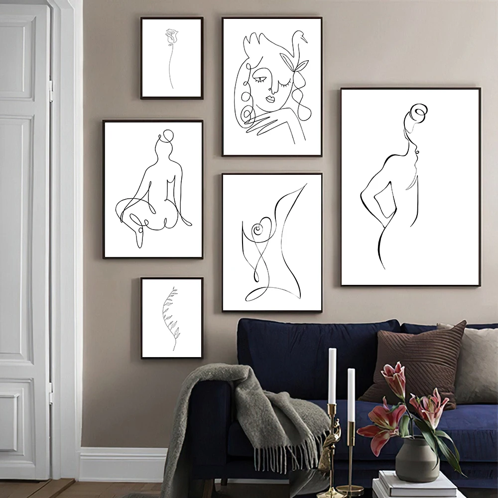 

Woman One Line Drawing Art Canvas Painting Abstract Female Nude Figure Poster Woman Body Minimalist Print Nordic for Home Decor