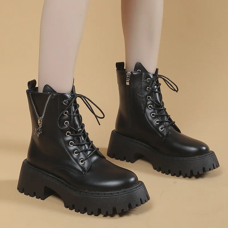 Chunky Platform Gothic Boots Women Punk Style Chain Thick Sole Ankle Booties Woman Lace Up Pu Leather Combat Boots 42