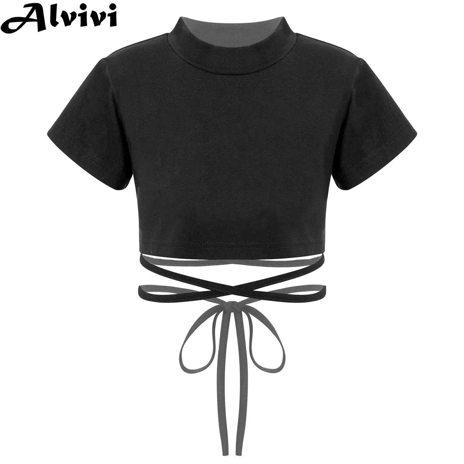 Kids Girls Short Sleeve Sports Crop Top Sash Tie Cross Waist Fashion T-shirt Sportswear Hip Hop Jazz Dance Performance Costume