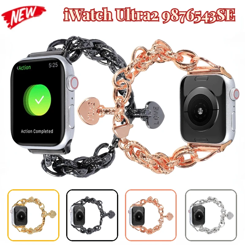 Metal Stainless Steel Strap for Apple Watch Band 9 8 7 6 5 4 3 SE Heart Bracelet Wristband IWatch 45mm 41mm 44mm 42mm 40mm 38mm