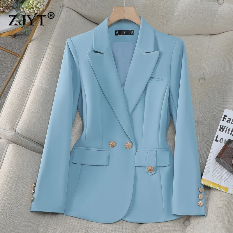 ZJYT Fashion Spring Notched Blazers Mujer Women Office Work Jacket Coat Plus Size Long Sleeve Blue Casual Daily Veste Femme
