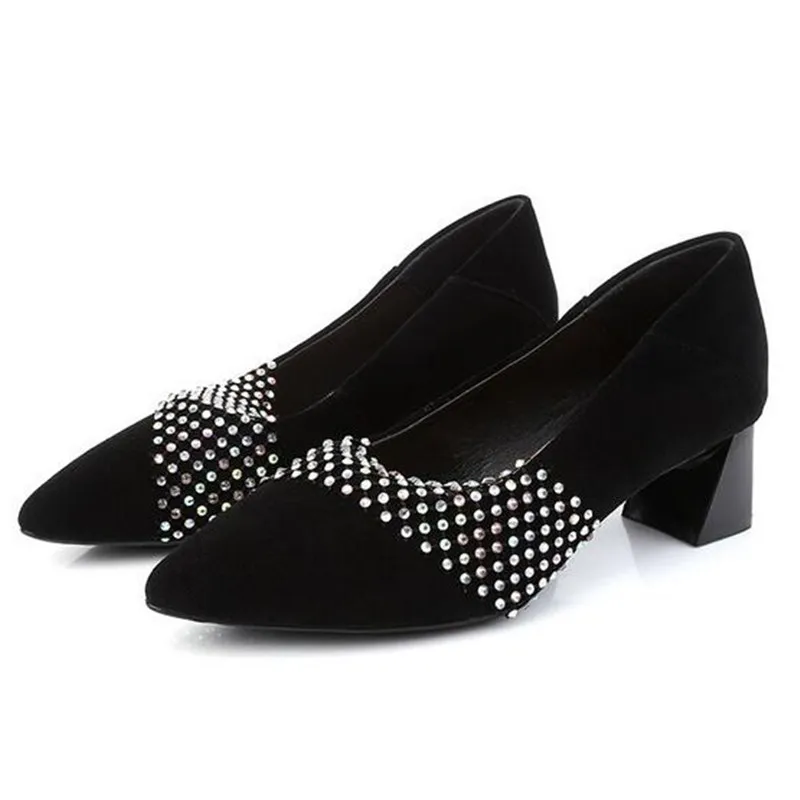 

Top Sheepskin Sheep Suede Rhinestone Shoes Women Genuine Leather Shoes High Heels 2022 New Autumn Pointed Fashion Shoes Big Size