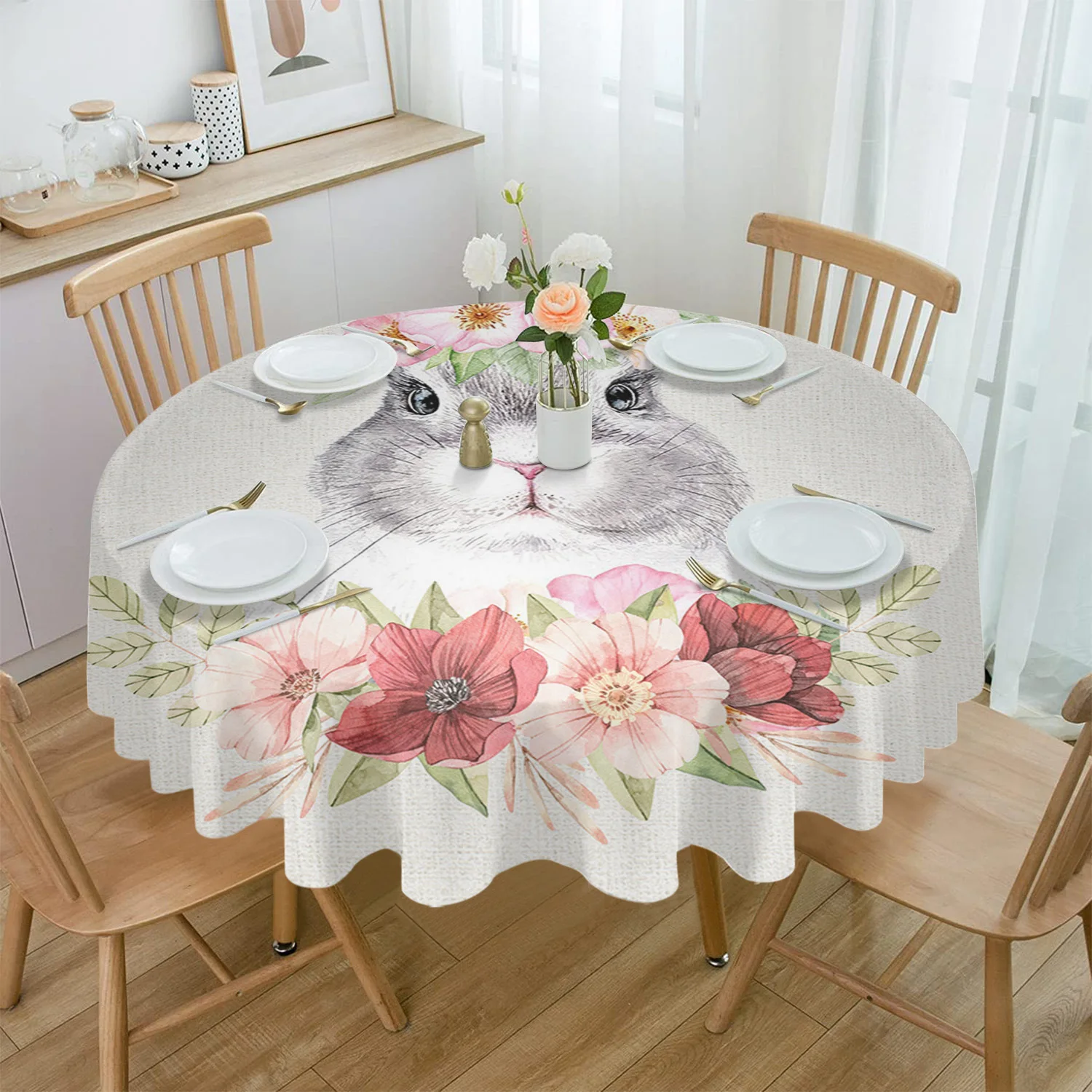 

Круглая Водонепроницаемая скатерть для стола с акварелью, кроликом и цветком
