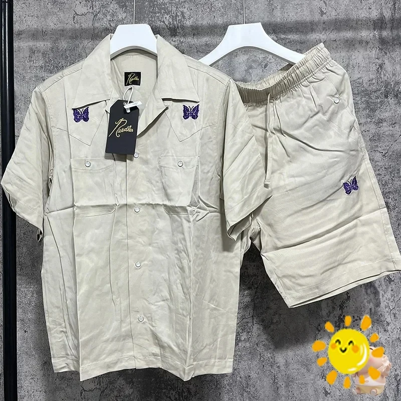 

24SS Streetwear Butterfly Embroidery Apricot Needles Short Sleeved Shirt Men Women Casual Top Needles AWGE Pockets Shirts