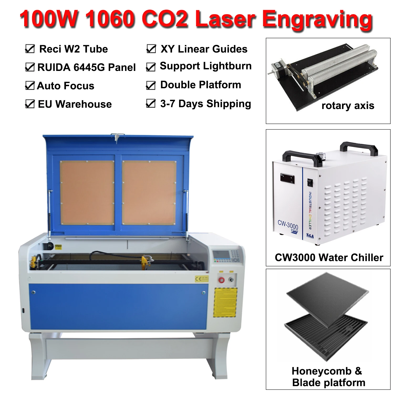 100W CO2 Laser Engraving Machine 1000*600mm Laser Cutting Machine RECI W2 CO2 Laser Tube Engraver Fabric Wood Leather EU Ship
