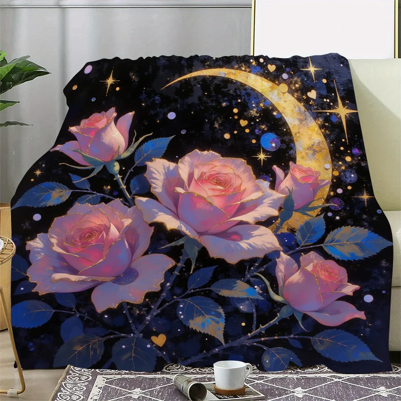 Rose Moon Print Blanket Soft Throw Blanket for Home Bedroom Bed Sofa Travel Office Solid Cover Blanket Valentine's Day