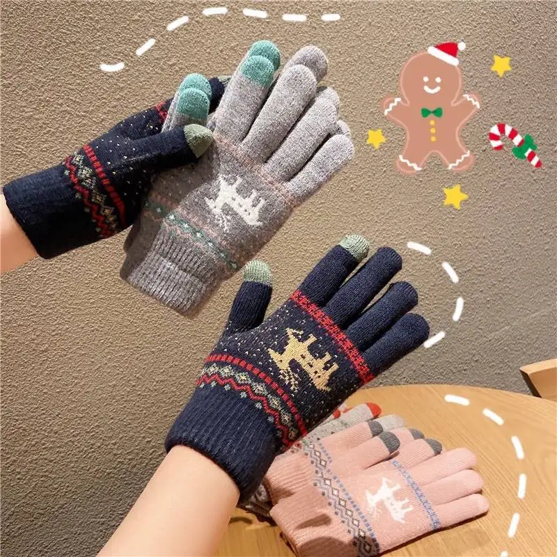

Fashion Knitted Thick Gloves For MenWomen Snowflake Printing Touch Screen Mittens Christmas Deer Printed Warm Full finger Gloves