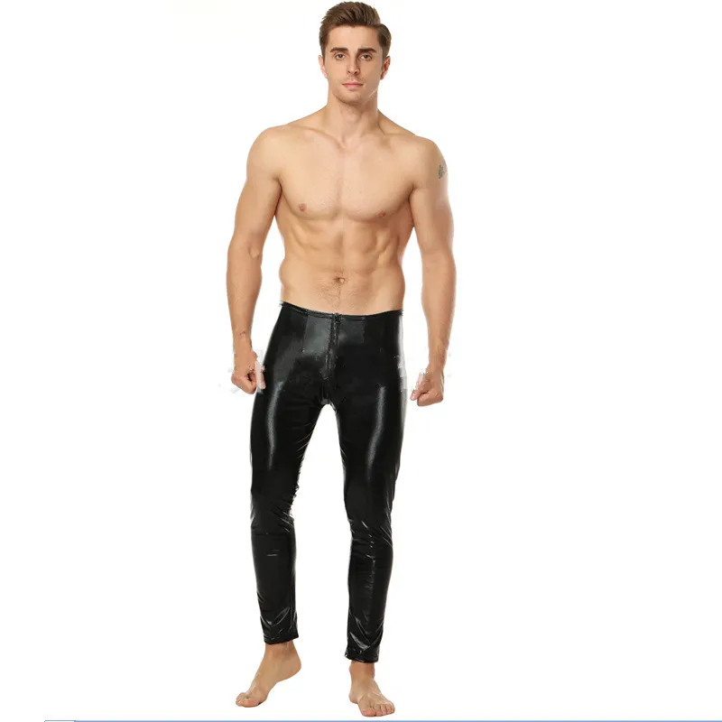 Mens Latex Lingerie Wetlook Fetish Gay Leggings Trousers PVC Leather Pole Dance Nightclub Sissy Costumes Sexy Tight Long Pants