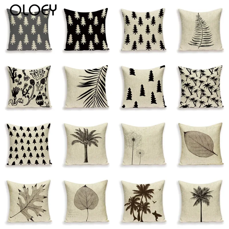 

Retro Simple Cushions Case Scandinavian Pine Tree Pillow Covers Outdoor Linen Home Decorating Black Leaf Lumbar Cushion Cover