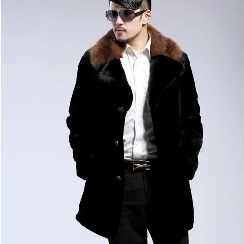 Winter Faux Fur Coat Men Thick Warm Trench Coat Long Sleeve Single-breasted Suit Collar Fur Coat Plus Size Slim Jackets