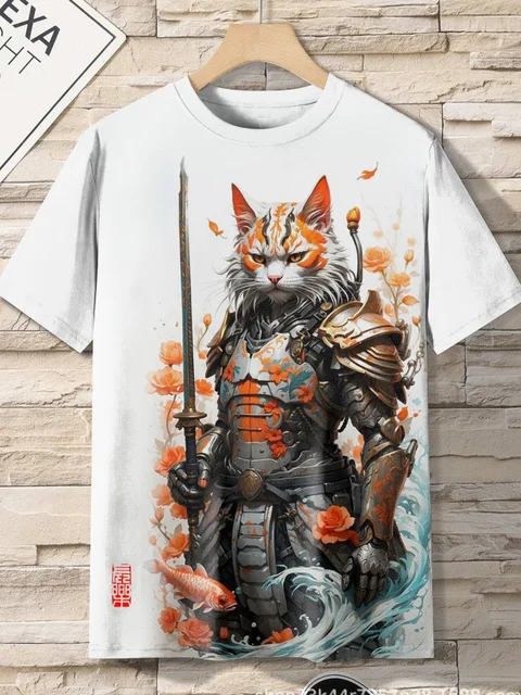 Men's T-Shirt Japanese Style Samurai Cat Graphic 3D Printed T-Shirt Casual Short Sleeved Tee Outdoor Oversized Men Clothing Tops 3 Men's T-Shirt Japanese Style Samurai Cat Graphic 3D Printed T-Shirt Casual Short Sleeved Tee Outdoor Oversized Men Clothing Tops 3