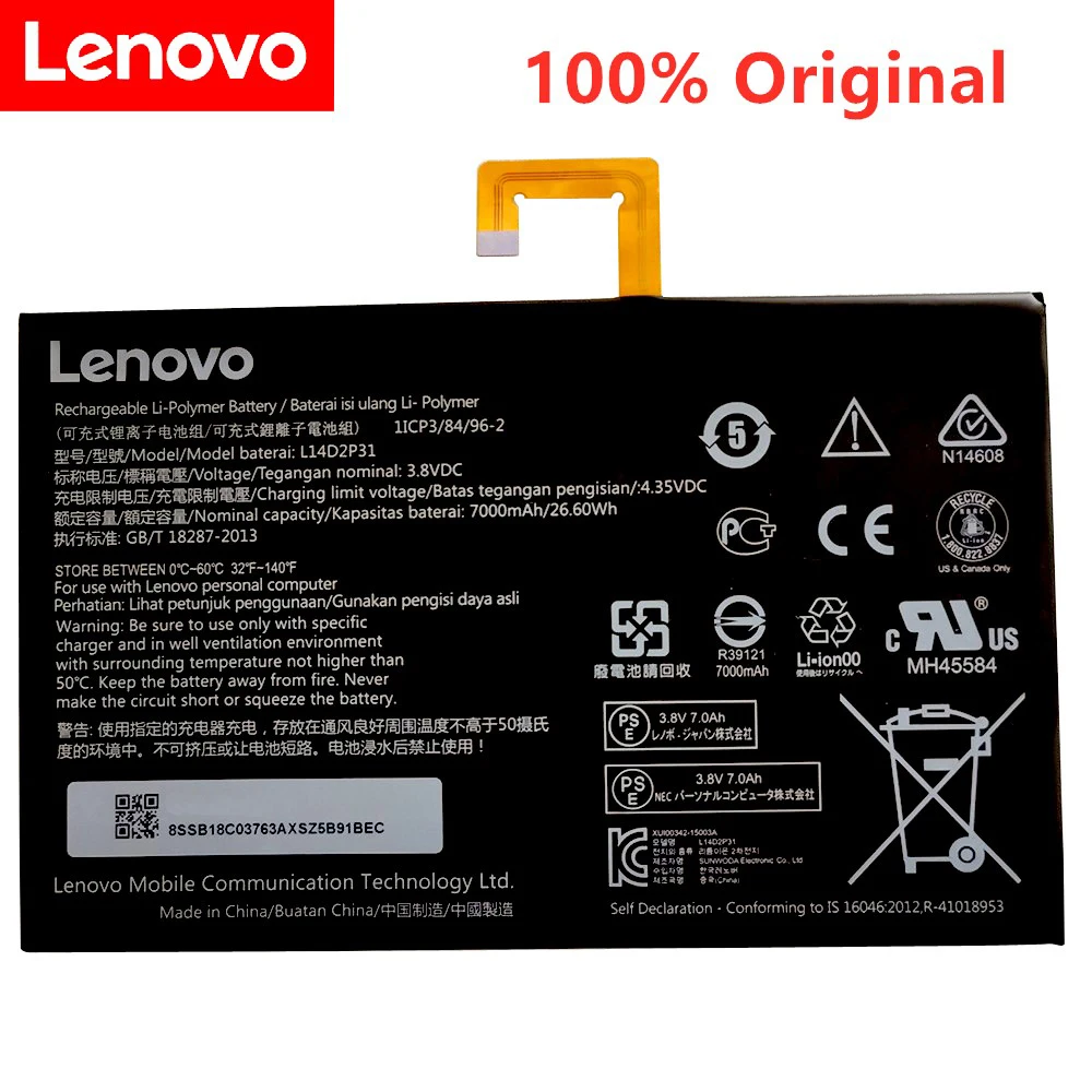 

3.8V 7000mAh 26.6Wh Original L14D2P31 Battery For Lenovo Tab 2 A7600-F A10-70F Tab2 A10-70 A10-70L Battery