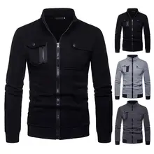 

Long Sleeve Zipper Closure Male Jacket Slim Stand Collar Multi Pockets Jacket Coat Outerwear