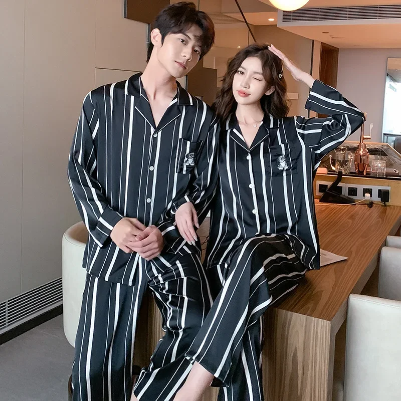 New Ice Silk Lovers' Pajamas Long Sleeve Household Garments Spring and Autumn Nightwear Women's and Men's Nightie Sleepwear