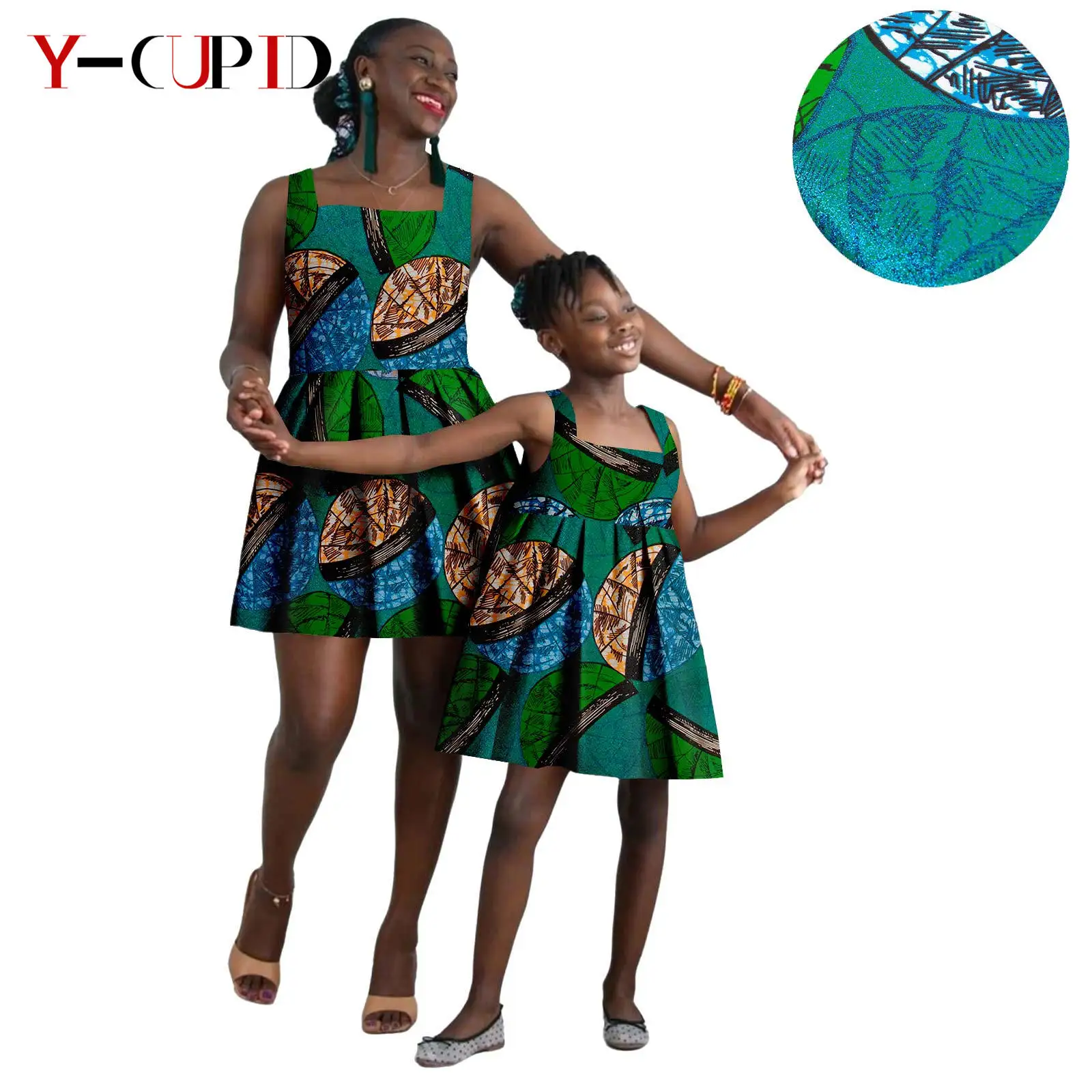 Summer African Metallic Print Dresses for Women Matching Girls Clothes Dashiki Ankara Dresses Mother and Daughter Outfits 24F020