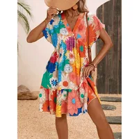 Plus Size 1XL-5XL Women's Fashionable V-neck Floral Print Elegant and Comfortable Dress