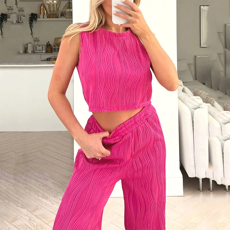 Sleeveless Tank O Neck Cropped Tees Tops Ladies 2 Piece Pants Set Summer Outfit Solid Color Loose Casual Fashion Women Clothing