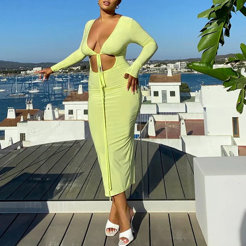 

2021 Sexy Bodycon Dress Hollow Out Women V Neck Sexy Midi Long Sleeve Autumn Winter Casual Y2k Dresses Black Yellow Club Party