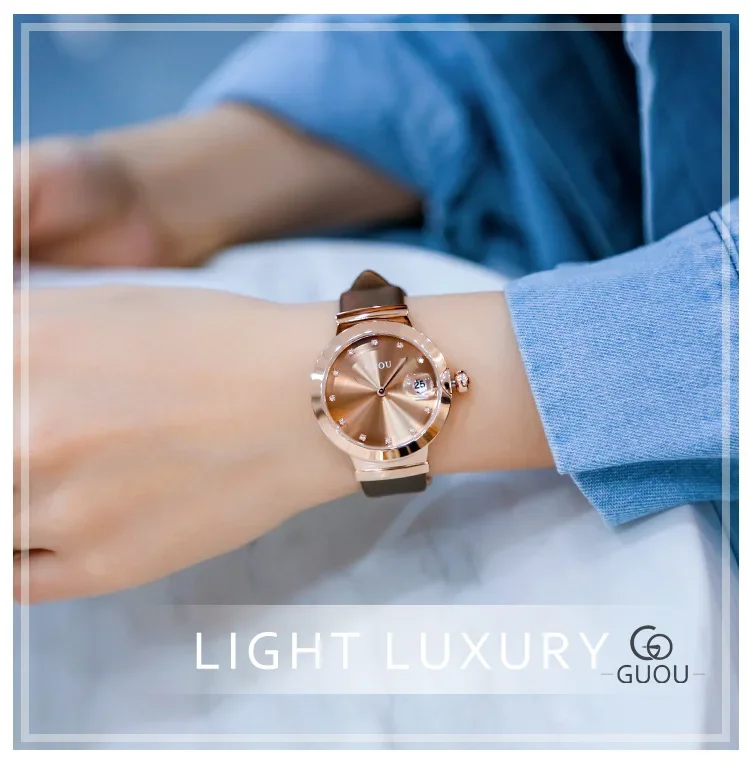 Orologio da polso al quarzo da donna alla moda GUOU con cinturino in vera pelle, diamanti, strass, calendario, lente d'ingrandimento, orologio da donna_voghion.com