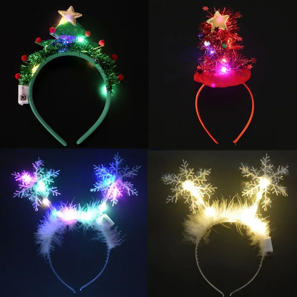 Adult Kids Blinking Green Tree Headbands LED Light Up Star Snowflake Hair Band Gift New Year Decoration Wedding Festival
