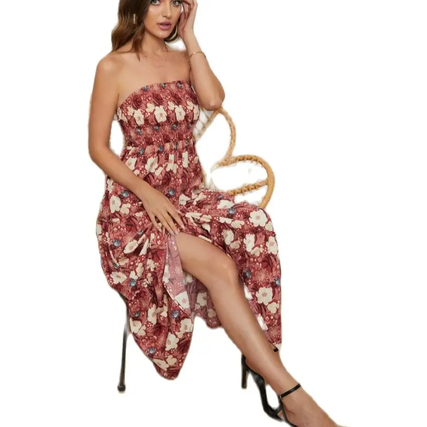 

Summer Female Floral Chiffon Dress Fashion Printing Fit and Flare Strapless Women's Dress for Holiday Long Loose Beach Dresses